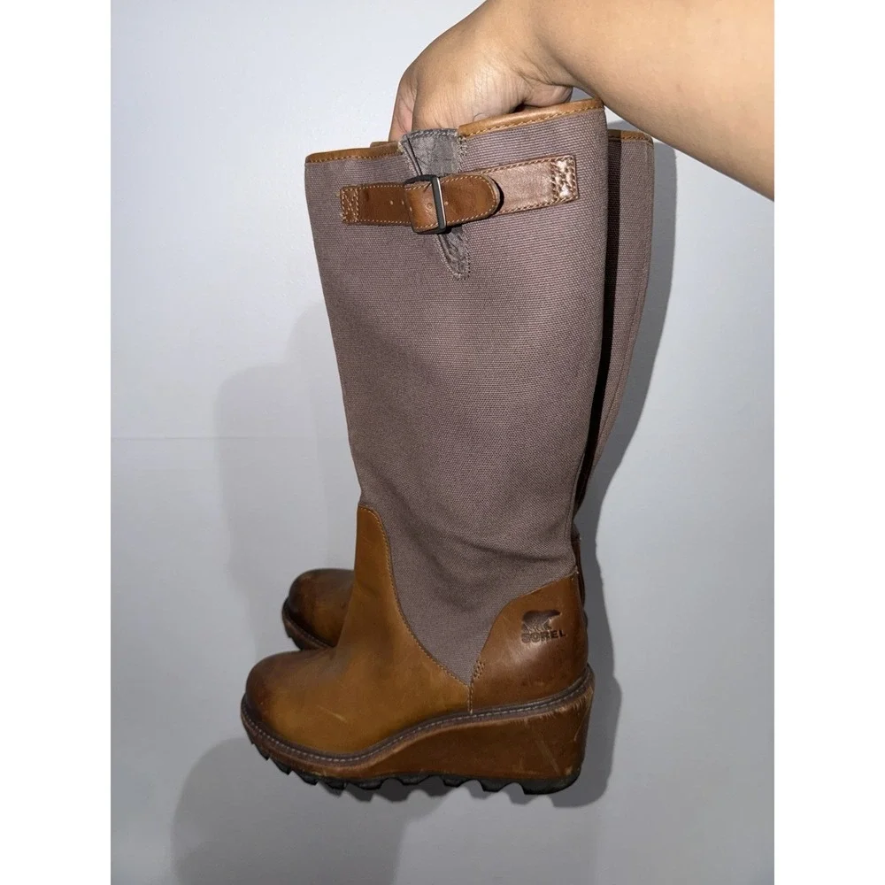 Women's 9.5 Sorel Cool Canvas Boots Brown Leather Knee High Wedge Side Zip‎ Tall